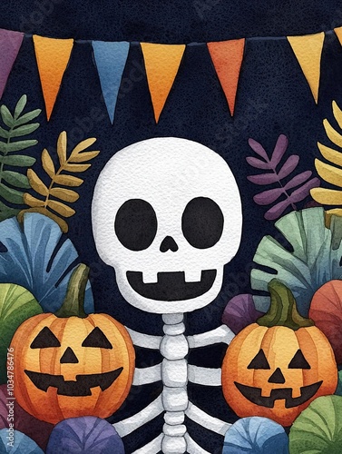 Colorful Halloween illustration featuring a cheerful skeleton, pumpkins, and festive decorations ideal for seasonal designs. photo