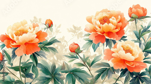 Red peonies are in full bloom, with white background Chinese paintings.