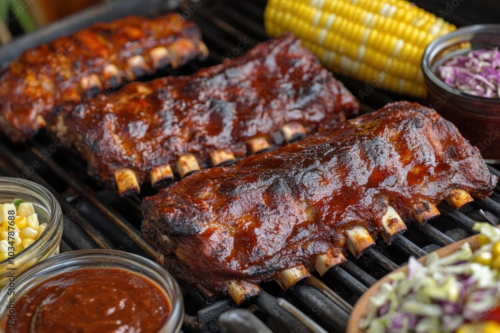 A backyard barbecue with a smoker grill slow-cooking ribs and brisket, surrounded by homemade barbecue sauces, corn on the cob, and coleslaw A backyard barbecue with a smoker grill slow-cooking ribs and brisket, surrounded by homemade barbecue sauces, corn on the cob, and coleslaw