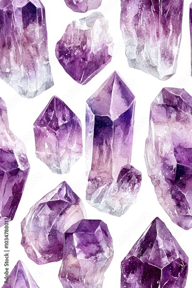 Watercolor style seamless amethyst pattern, isolated on a white background. Watercolor style seamless amethyst pattern, isolated on a white background.