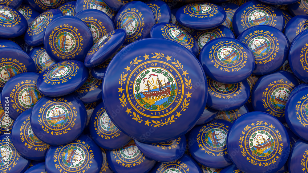 3D rendering of a bunch of badges with the New Hampshire state flag. 3D rendering of a bunch of badges with the New Hampshire state flag.