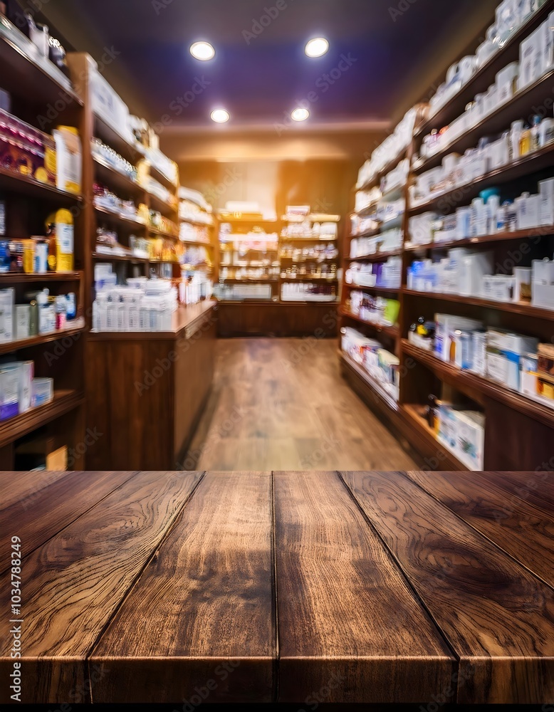 Pharmacy brown wood table counter with medicines healthcare product arranged on shelves in drugstore blurred defocused background, Pharmacy wallpaper, Pharmacy background Pharmacy brown wood table counter with medicines healthcare product arranged on shelves in drugstore blurred defocused background, Pharmacy wallpaper, Pharmacy background