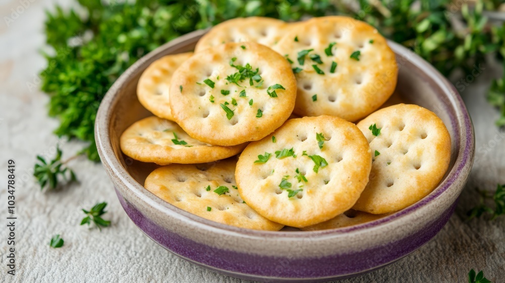 Savory Crackers in a Rustic Bowl with Fresh Herbs Savory Crackers in a Rustic Bowl with Fresh Herbs