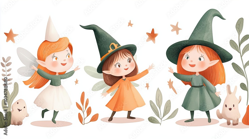 Three cheerful little witches with pointy hats and fairy wings happily playing together, surrounded by stars and woodland animals. Three cheerful little witches with pointy hats and fairy wings happily playing together, surrounded by stars and woodland animals.