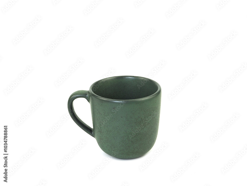 Empty dark green mug isolated on white background. Use for home or restaurant, food design. Concept kitchen utensils and tableware. Side view.. Empty dark green mug isolated on white background. Use for home or restaurant, food design. Concept kitchen utensils and tableware. Side view..