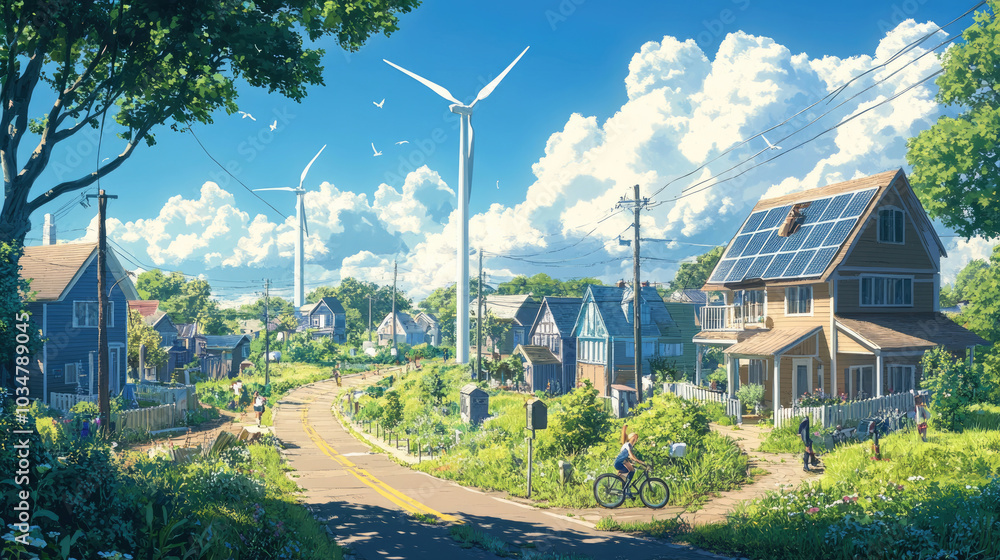 Rural houses and wind turbines, blue sky Rural houses and wind turbines, blue sky