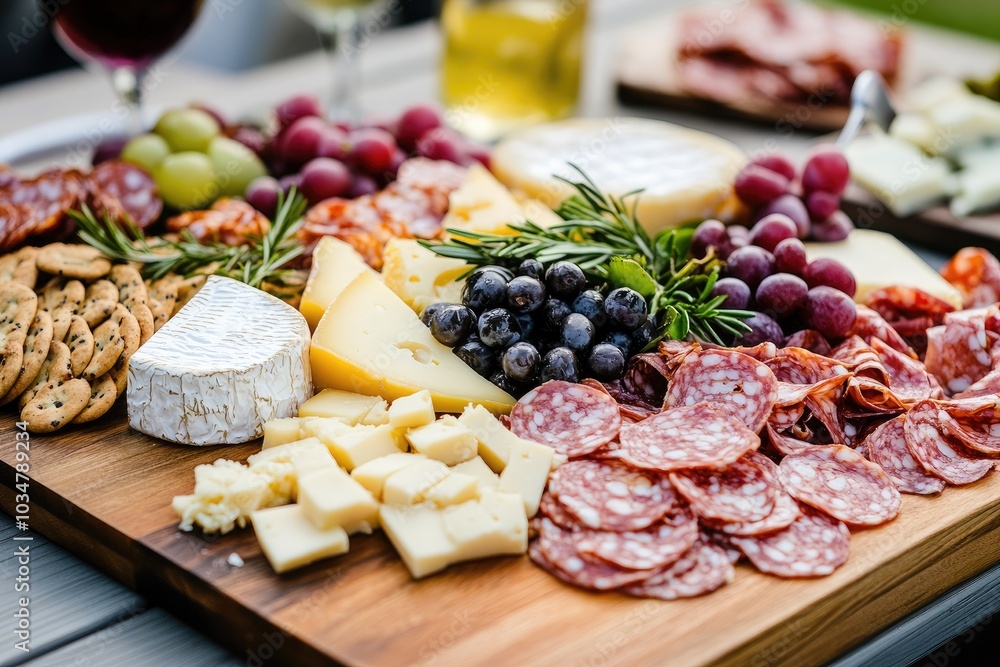 Gourmet Cheese and Salami Platter with Grapes and Crackers Gourmet Cheese and Salami Platter with Grapes and Crackers