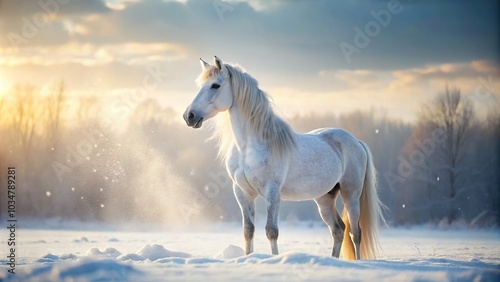 Snowbound Serenity: A Lone White Horse Amidst a Winter Wonderland