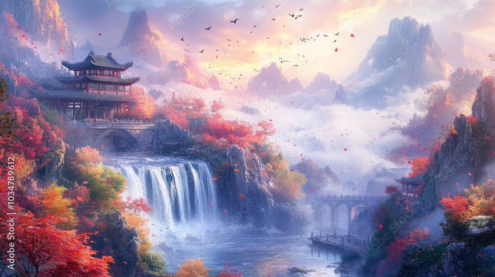 Fototapeta premium Lakes and arch bridges in the mountains, pavilions in the distance, Chinese paintings