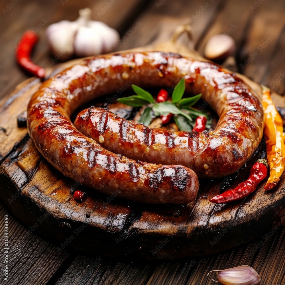 Grilled sausages, hot and garlicky on wood. Grilled sausages, hot and garlicky on wood.