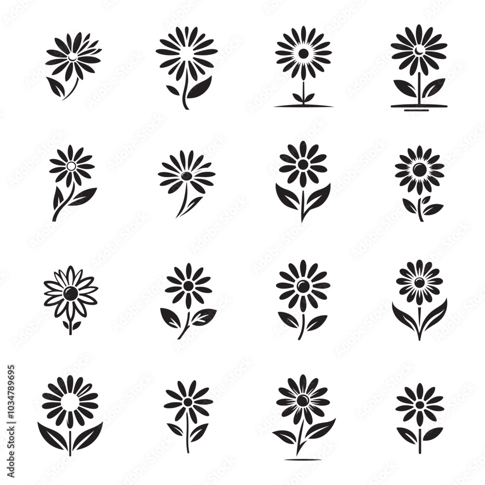 Set of Daisy Flower Silhouette Icons for Digital Projects Set of Daisy Flower Silhouette Icons for Digital Projects