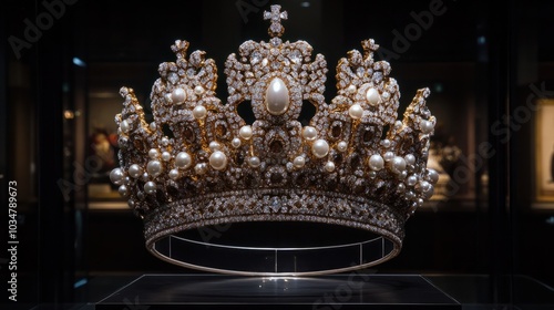 A dazzling crown encrusted with diamonds and pearls, sitting atop a mirrored surface, reflecting its beauty and adding to the sense of grandeur photo