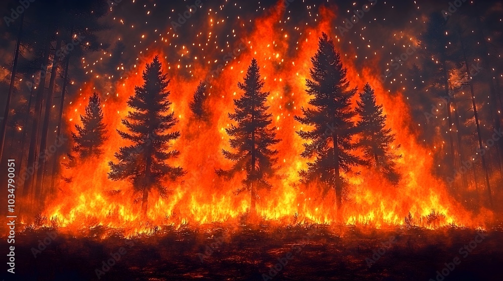 Apocalyptic Forest Fire Engulfing Weathered Pine Trees in Dramatic Surreal Landscape Apocalyptic Forest Fire Engulfing Weathered Pine Trees in Dramatic Surreal Landscape