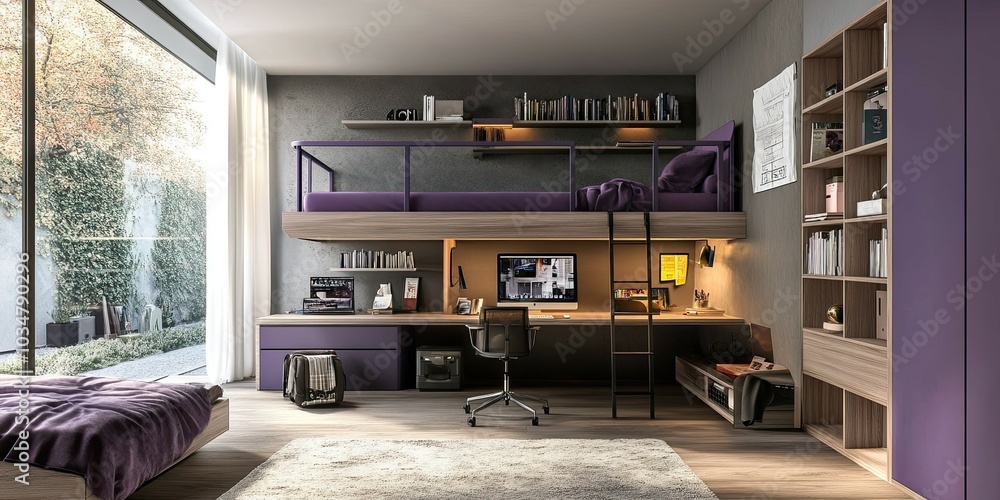 modern purple and grey spacious workspace with bunk bed and elegant wooden bookshelf modern purple and grey spacious workspace with bunk bed and elegant wooden bookshelf
