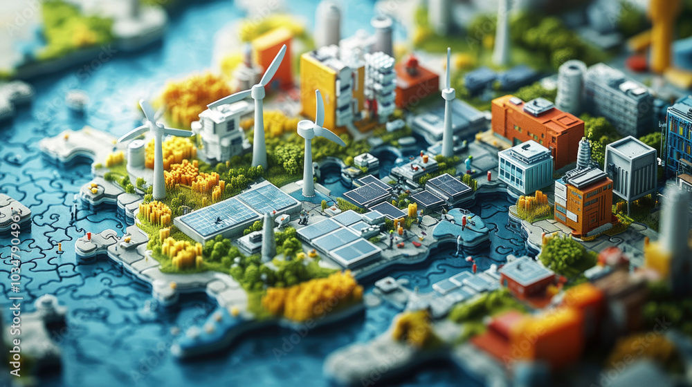 The puzzle of wind power generation, solar power generation, factories, and grasslands together The puzzle of wind power generation, solar power generation, factories, and grasslands together