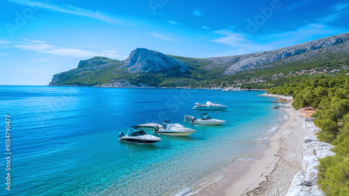 Beach crystal clear water in the Adriatic Sea and Green Mountains photography background image  photo