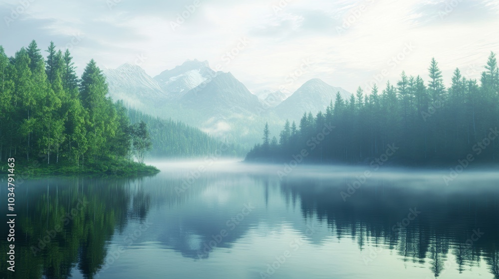 Misty lake with mountains and forest reflections. Misty lake with mountains and forest reflections.