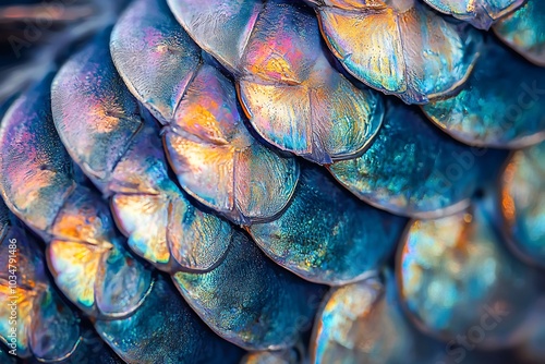 Close-up of iridescent scales on a fish, showing intricate patterns and textures.