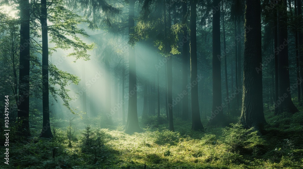 Obraz premium Sunbeams pierce through misty forest.