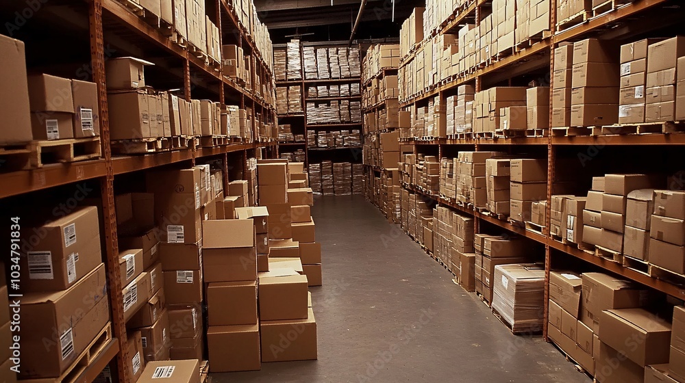 2408 46.A warehouse setting filled with cardboard boxes of various sizes stacked neatly on shelves, ready for packing and shipping online orders. The scene highlights the efficiency and organization