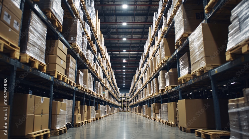 2408 46.A warehouse setting filled with cardboard boxes of various sizes stacked neatly on shelves, ready for packing and shipping online orders. The scene highlights the efficiency and organization 2408 46.A warehouse setting filled with cardboard boxes of various sizes stacked neatly on shelves, ready for packing and shipping online orders. The scene highlights the efficiency and organization