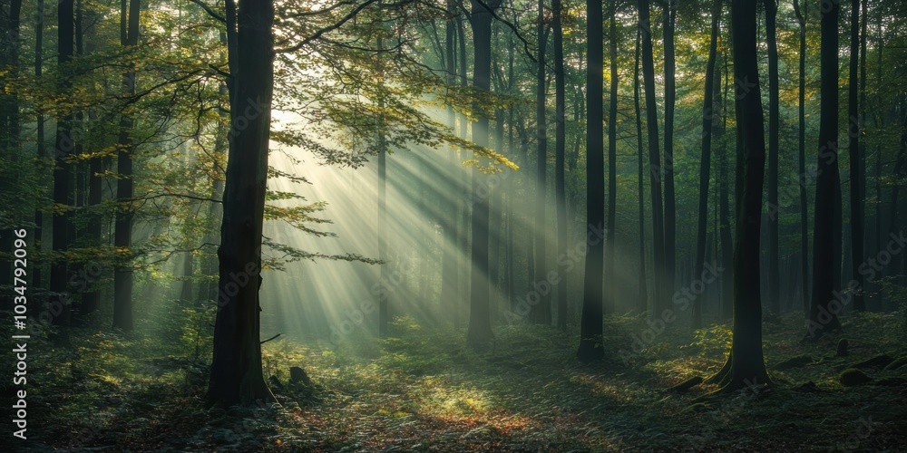 Fototapeta premium Sunlight streams through a misty forest.