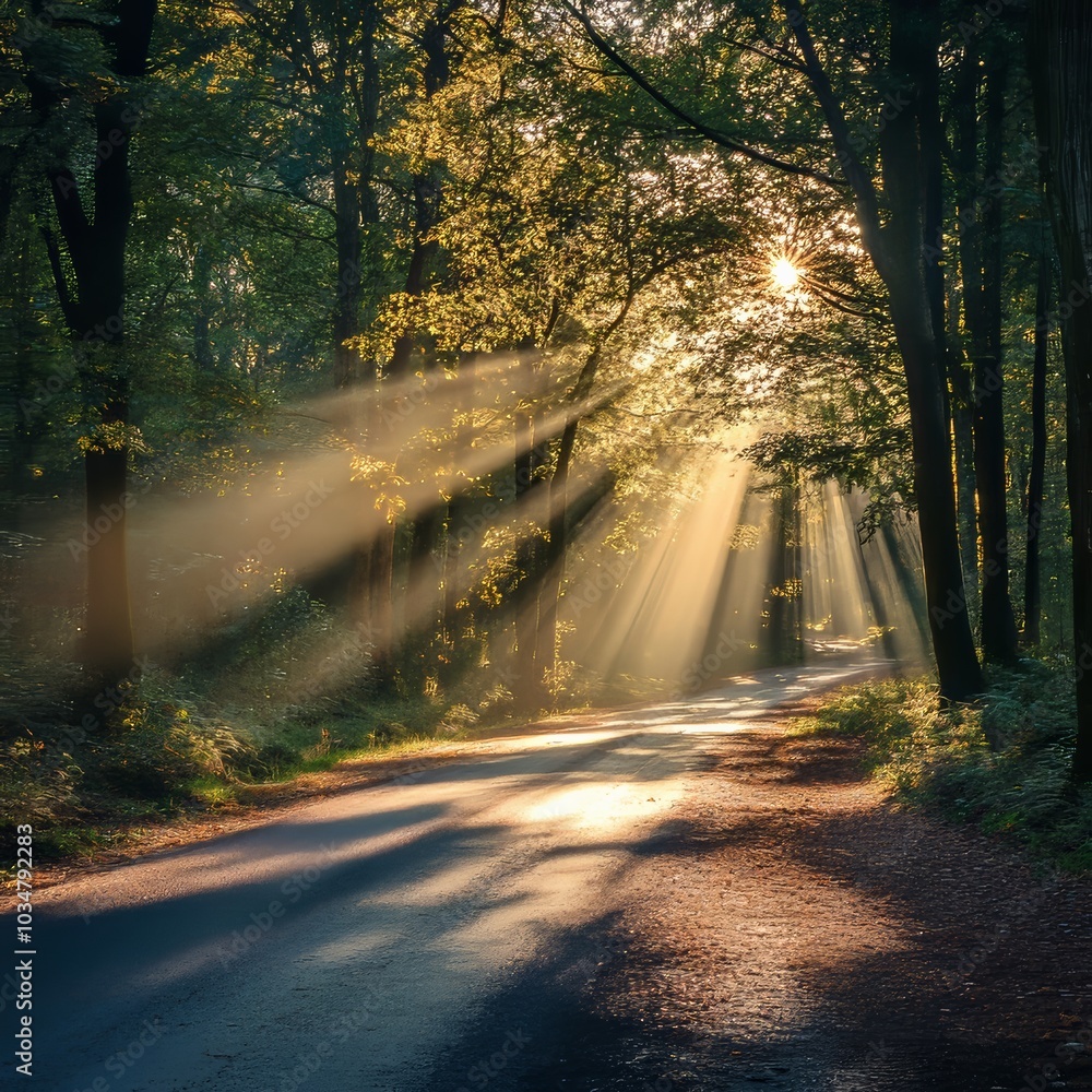 Fototapeta premium Sunlit forest track in the countryside.