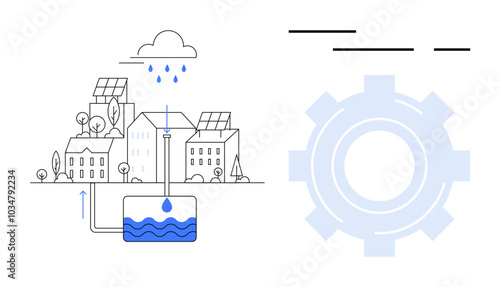 Urban scene with buildings, trees, and rainwater collection. Solar panels on roofs, water tank with underground connection. Ideal for sustainability, urban planning, renewable energy, water