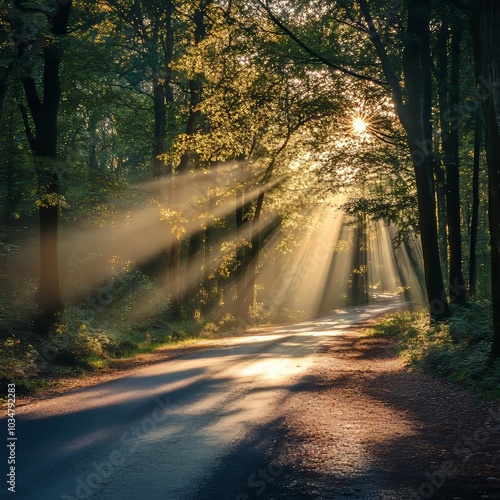 Sunlit forest track in the countryside.