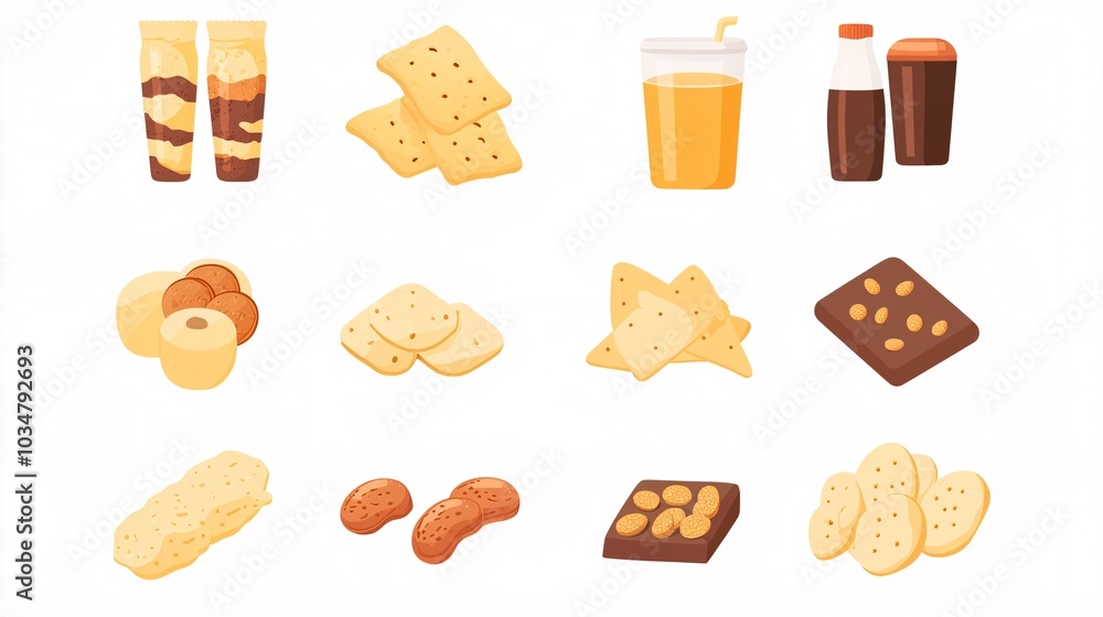 2408 62.A collection of snack products in a clean, flat design style, featuring items like nuts, chips, crackers, and a juice bottle. The scene focuses on the variety of unhealthy junk food options, 2408 62.A collection of snack products in a clean, flat design style, featuring items like nuts, chips, crackers, and a juice bottle. The scene focuses on the variety of unhealthy junk food options,