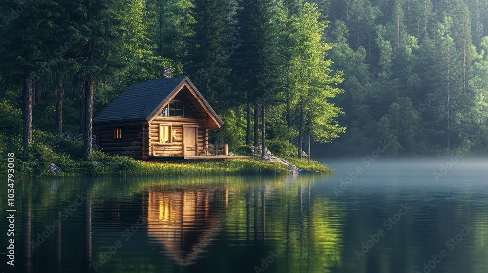 A wooden cabin by a misty lake in a forest. A wooden cabin by a misty lake in a forest.