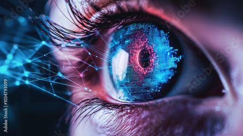 Futuristic Human Eye Close-Up : A detailed close-up of a human eye with digital overlays and scanning lines, suggesting biometric identification, eye-tracking technology, or futuristic medical assessm