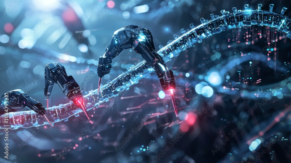 Fototapeta premium Genome Editing Concept : A futuristic visual of DNA strands being edited with tiny robotic arms or digital tools, representing CRISPR technology and genetic modification