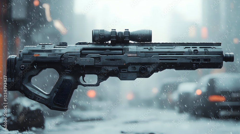 Futuristic Submachine Gun Wielded by Battle-Hardened Survivor in Decimated Dystopian Cityscape Futuristic Submachine Gun Wielded by Battle-Hardened Survivor in Decimated Dystopian Cityscape