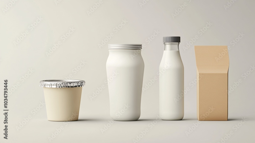 2408 16.A detailed vector mockup of a complete dairy product set, including a round yogurt cup with a foil lid, a tall bottle with a screw cap, and a carton box with a pour spout. Each item is 2408 16.A detailed vector mockup of a complete dairy product set, including a round yogurt cup with a foil lid, a tall bottle with a screw cap, and a carton box with a pour spout. Each item is