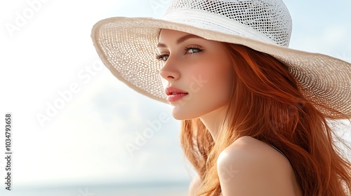 A young woman with long red hair wearing a white sun hat, looking off to the side.