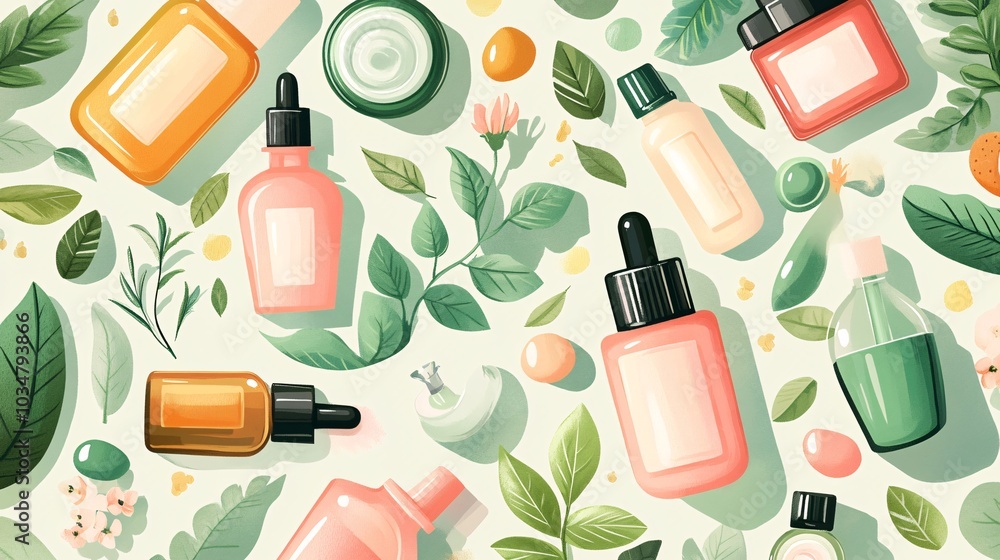 2408 81.A flat lay illustration of a vibrant sticker pack featuring colorful cosmetic jars, moisturizing cream bottles, and oil droppers, adorned with green leaves and natural motifs. The trendy, 2408 81.A flat lay illustration of a vibrant sticker pack featuring colorful cosmetic jars, moisturizing cream bottles, and oil droppers, adorned with green leaves and natural motifs. The trendy,
