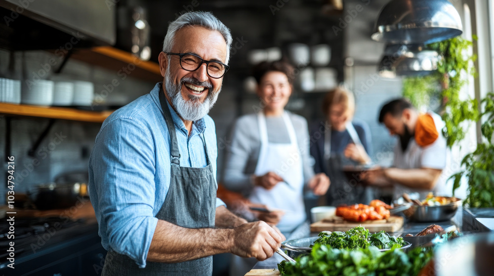 A man is smiling and cooking in a kitchen with a woman and two other people. Scene is happy and friendly A man is smiling and cooking in a kitchen with a woman and two other people. Scene is happy and friendly