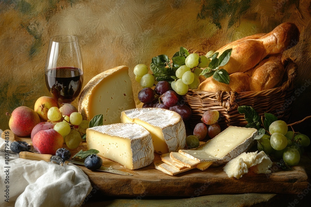 A Still Life of Cheese, Bread, Fruit, and Wine A Still Life of Cheese, Bread, Fruit, and Wine