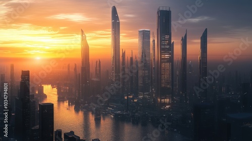 A futuristic city skyline at sunset.