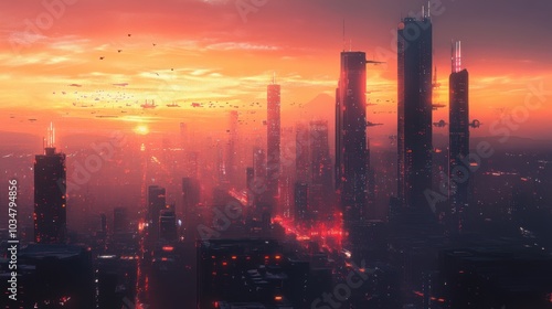 Futuristic city skyline with fiery sunset.