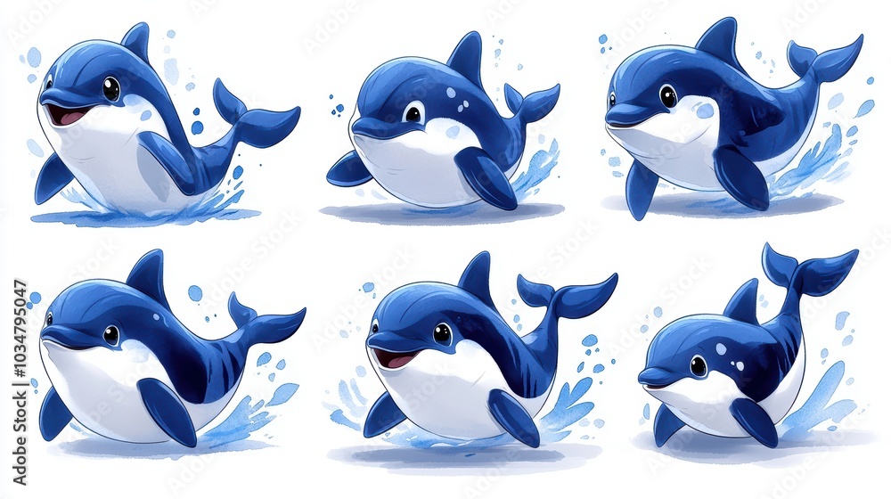 Six cartoon dolphins swimming and smiling. Six cartoon dolphins swimming and smiling.