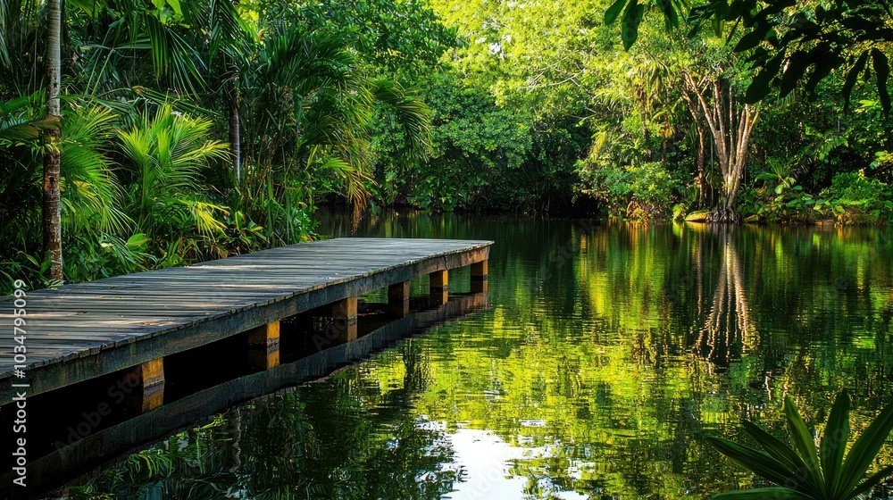 A peaceful dock on a river with lush greenery and reflections in the water A peaceful dock on a river with lush greenery and reflections in the water