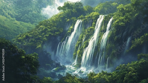 Waterfall in Lush Green Forest