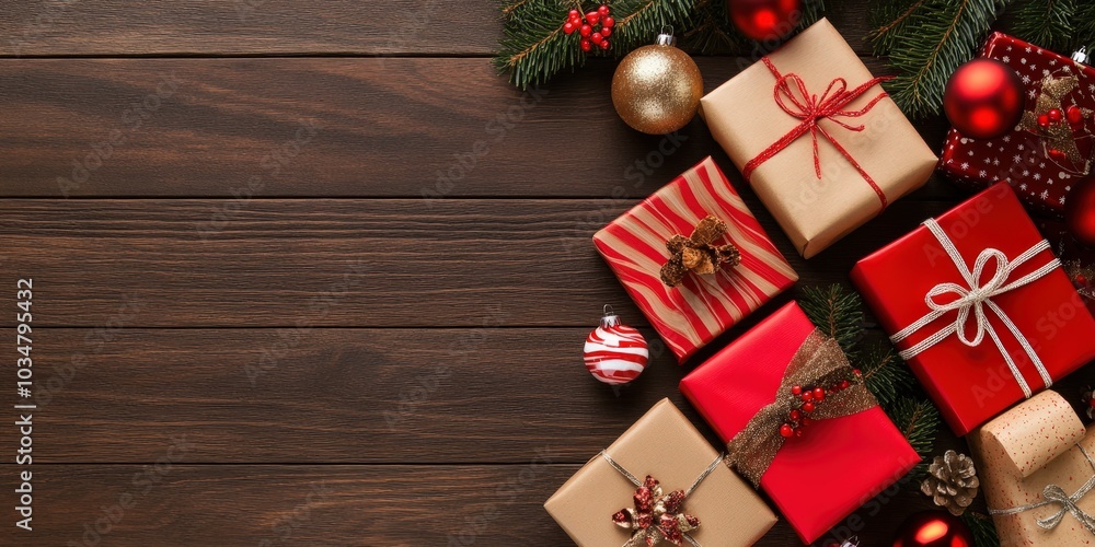 Fototapeta premium Festive Christmas Gifts on Wooden Table