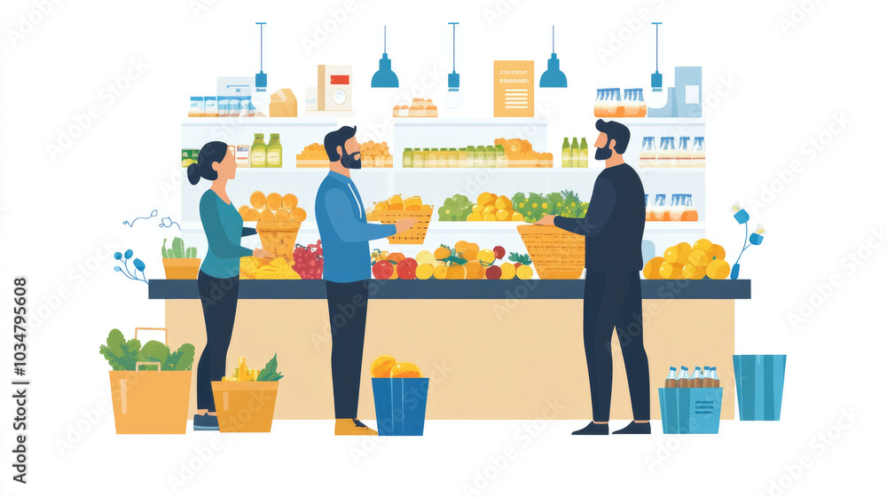 Fruit and vegetable stalls and shoppers in the market Fruit and vegetable stalls and shoppers in the market