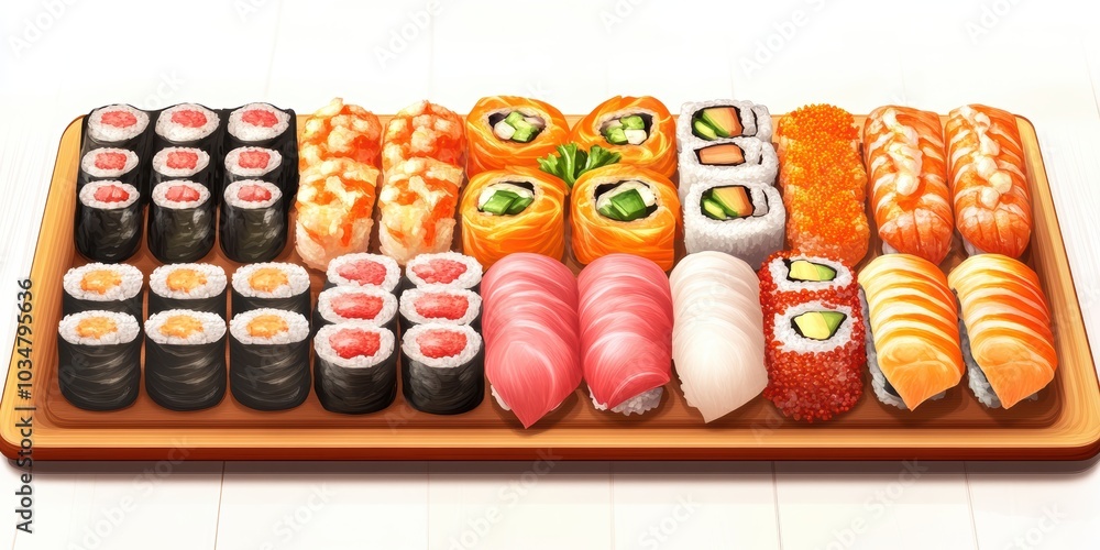 Assortment of sushi rolls on a wooden tray. Assortment of sushi rolls on a wooden tray.