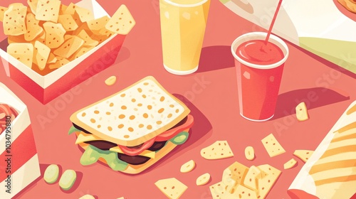 2408 65.A vector illustration featuring a variety of snack products, including chips, a sandwich, juice, and crackers. The flat design style highlights the casual and indulgent nature of fast food