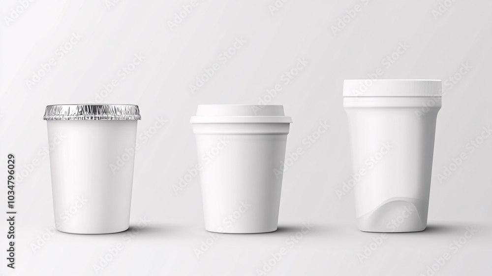 2408 17.A 3D vector rendering showcasing various dairy packaging options, including a yogurt cup with a peel-off foil lid, a sleek plastic bottle, and a classic carton with a spout. The clean white 2408 17.A 3D vector rendering showcasing various dairy packaging options, including a yogurt cup with a peel-off foil lid, a sleek plastic bottle, and a classic carton with a spout. The clean white