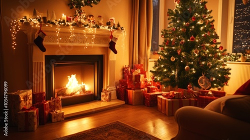 A cozy living space with a glowing fireplace, a Christmas tree, and gifts that add to the festive spirit